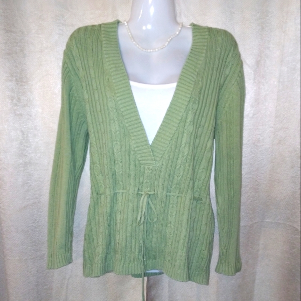 dressbarn Light Green Cable Knit V-Neck Sweater with Drawstring